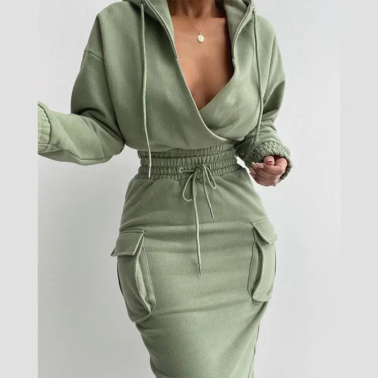 Two Piece Set Women Long Sleeve Sexy Crop Top Hoodie and Skirt Suit Soild Color Two Piece Long Skirt Set Women