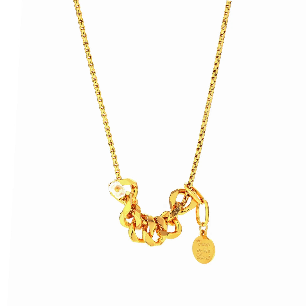 Fashionable Gold Plated Brass Necklace for Women Hip Hop Style with Natural Real Pearl Pendant Box Chain for Weddings
