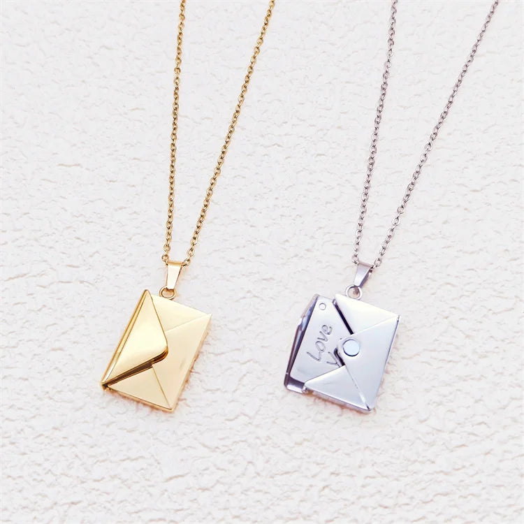 Hot Sale Titanium Stainless Steel Gold Planted Pendant Love You Letter Envelope Necklace for Women