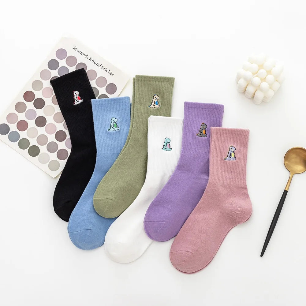 HF Women's Winter Crew-Length Cotton Socks 100% Anti-Bacterial Breathable Anti-Slip with Cute Dinosaur Embroidery