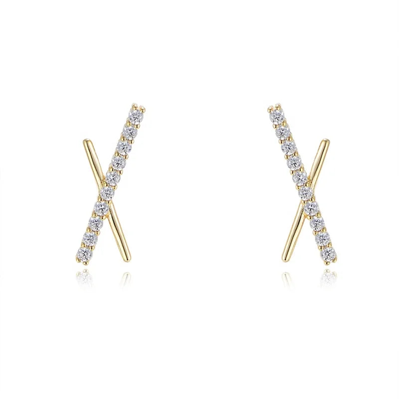 High Quality 925 Sterling Silver Gold Plated Line Letter X Shape Earring for Girl