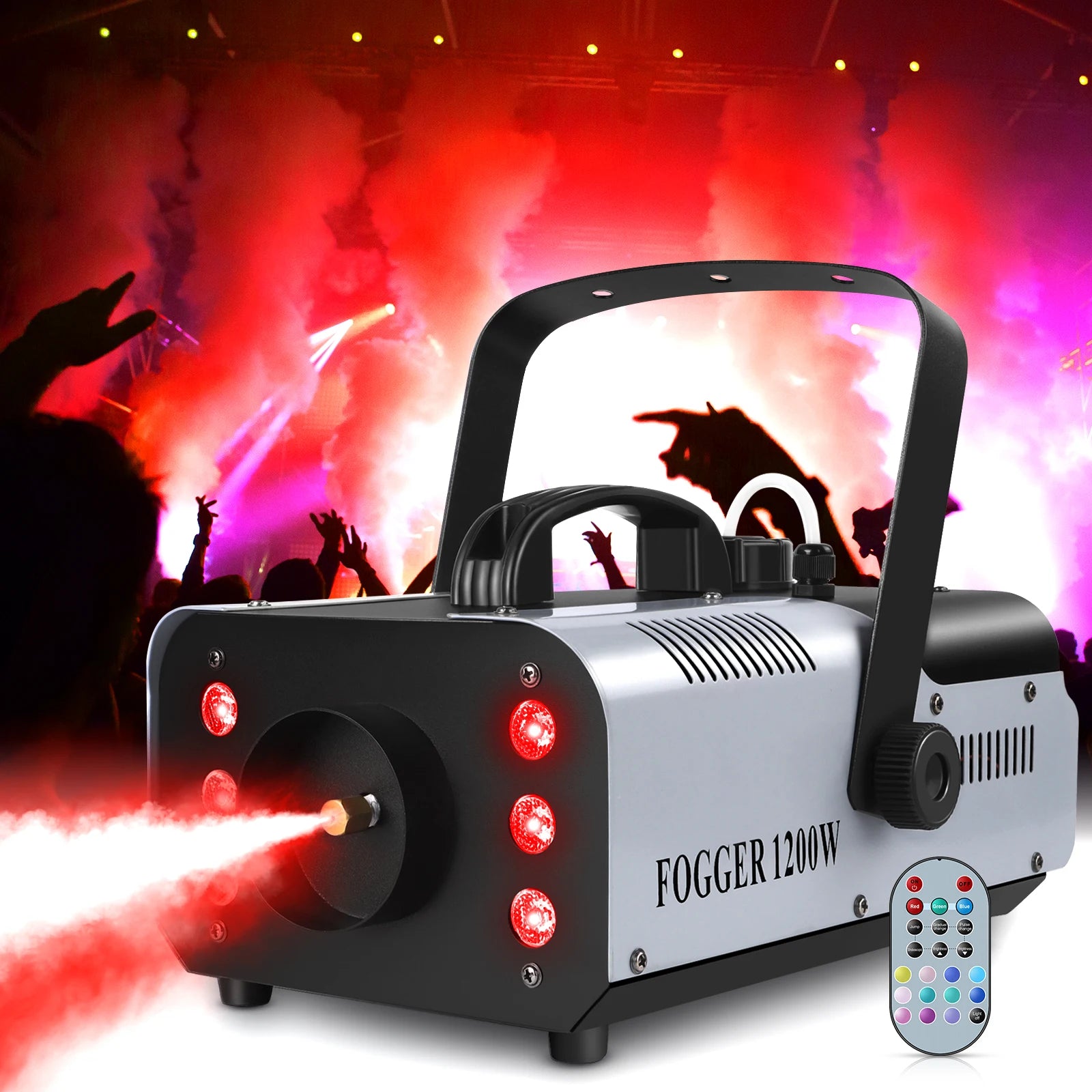 U`King 1200W Stage Light Fog Machine with RGB 6LEDs Stage Light Smoke Machine Remote Controlled Stage Effect Equipment