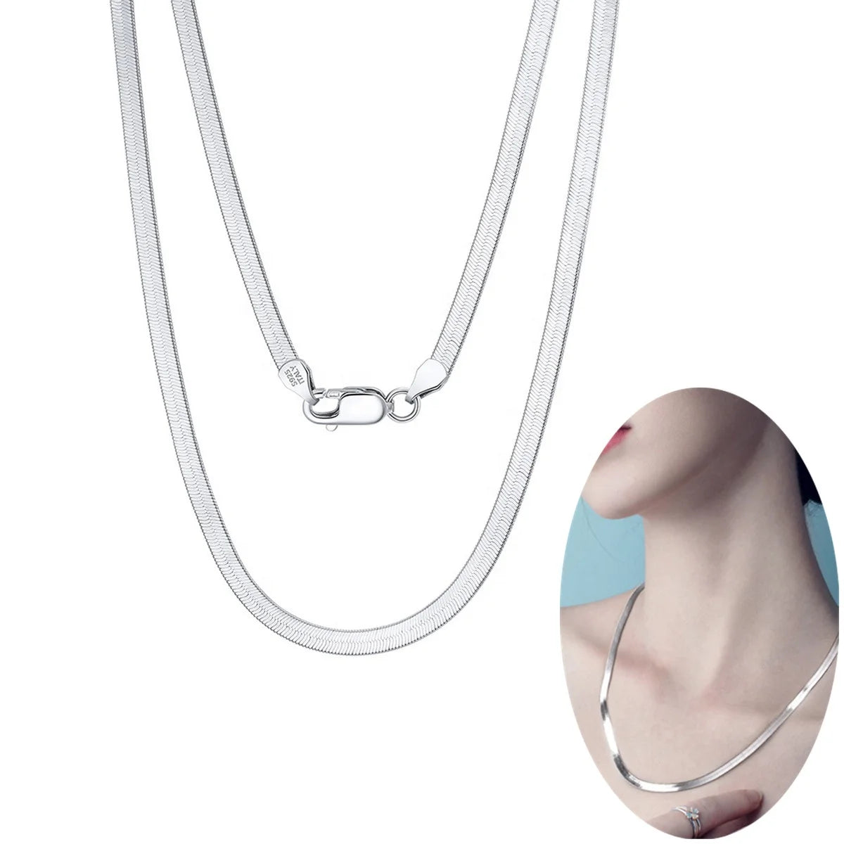Simple 18K Gold Plated S925 Sterling Silver Flat Snake Chain Necklace 3mm Herringbone Snake Bone Blade Chains Clavicle Necklaces
