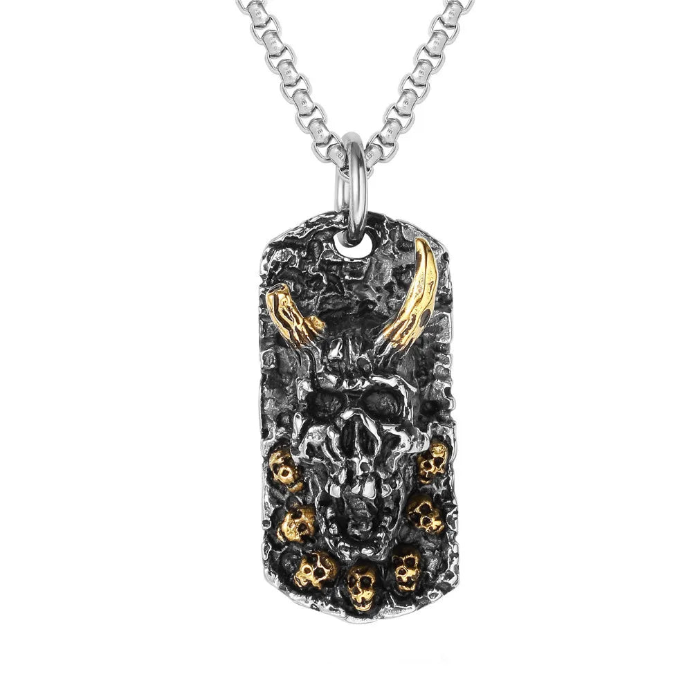 Vintage Retro Jewelry Stainless Steel Horned Monster Skull Necklace Men