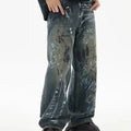 MC BUILD Fashion Custom Straight Leg Street Wear Jeans Pants Rockstar Print Men Zipper up Denim Jeans With Graffiti