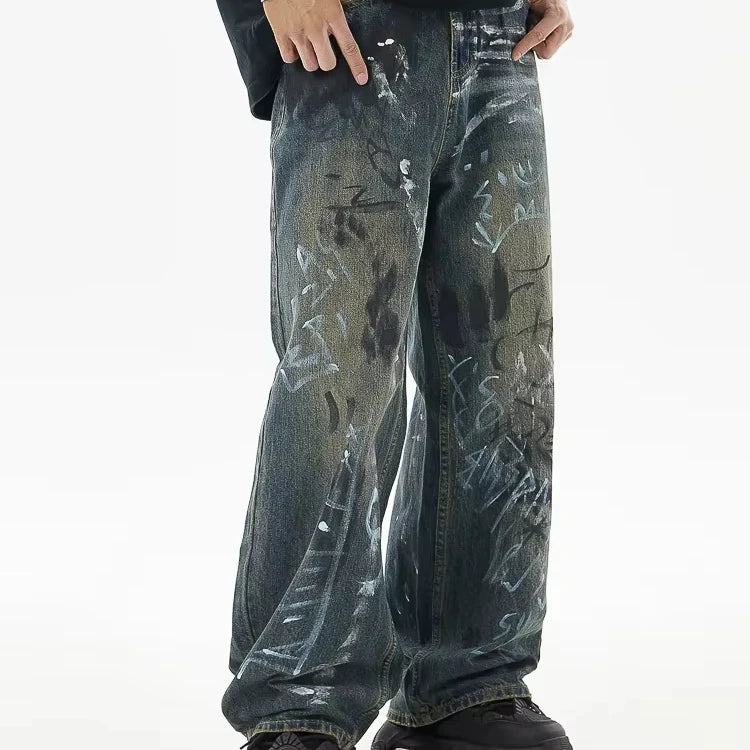 MC BUILD Fashion Custom Straight Leg Street Wear Jeans Pants Rockstar Print Men Zipper up Denim Jeans With Graffiti