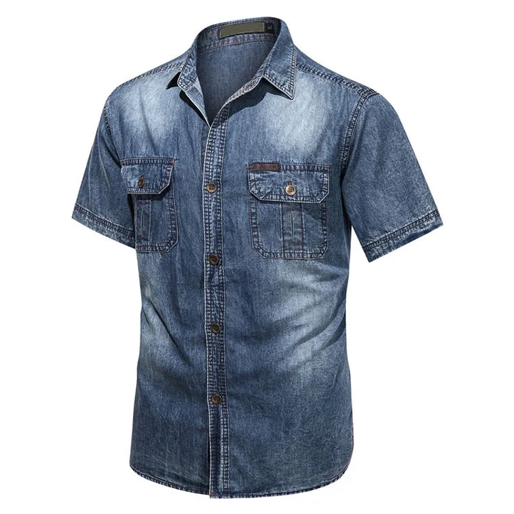 Summer Men Denim Shirt Mens Short Sleeve Soft Cotton Breathable Oversized Jeans Shirts Washed Casual Male Double Pocket Shirt