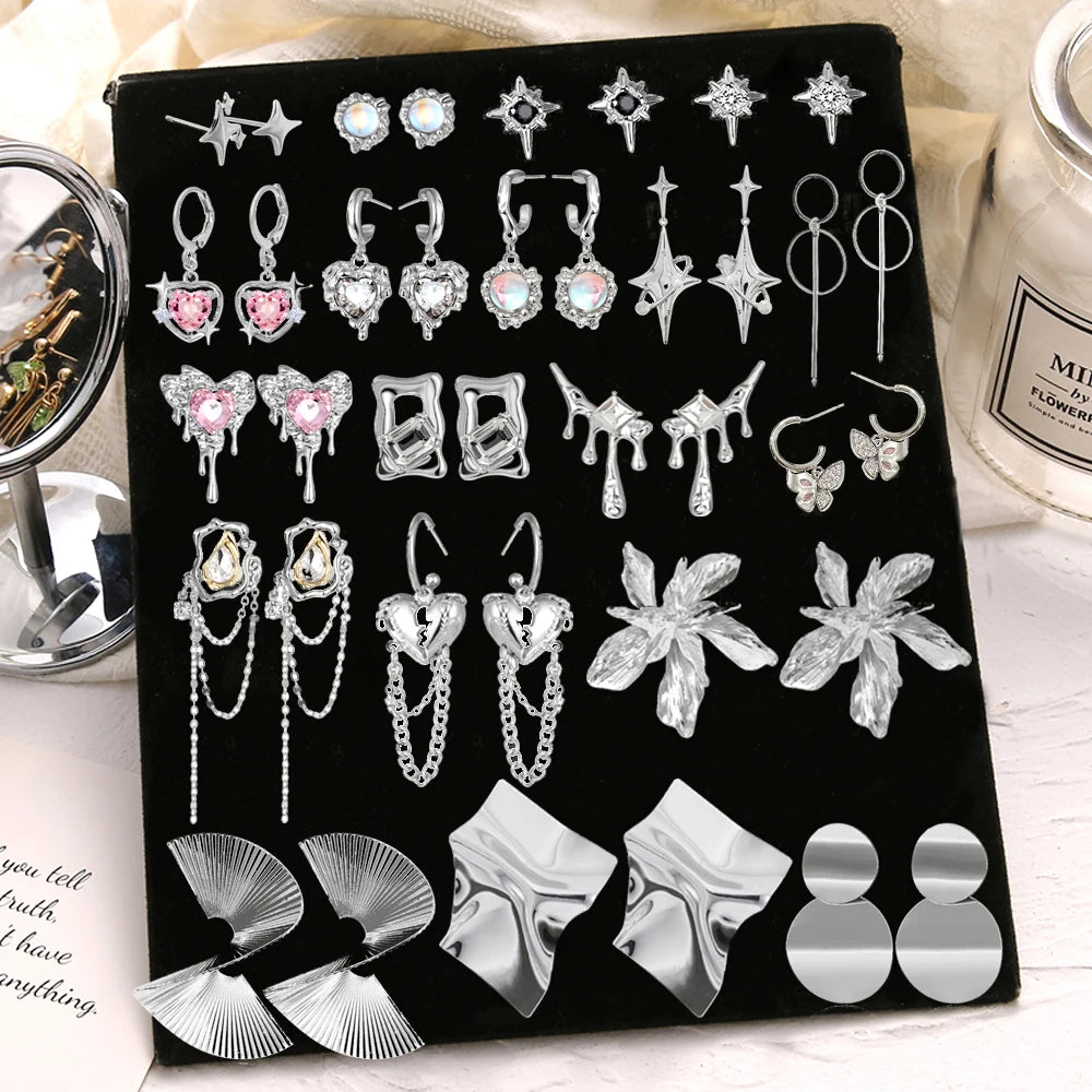New Trendy Silver Color Heart Crystal Hoop Earrings Butterfly Metal Geometric Drop Dangle Stud Earring for Women Fashion Jewelry