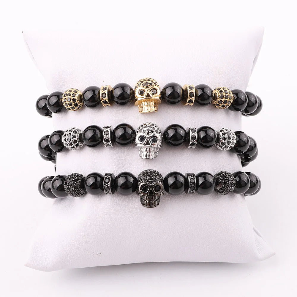 New Design Micro CZ Pave Skull Charm Natural Black Agate Elastic Gemstone Bracelet Men JBS12024