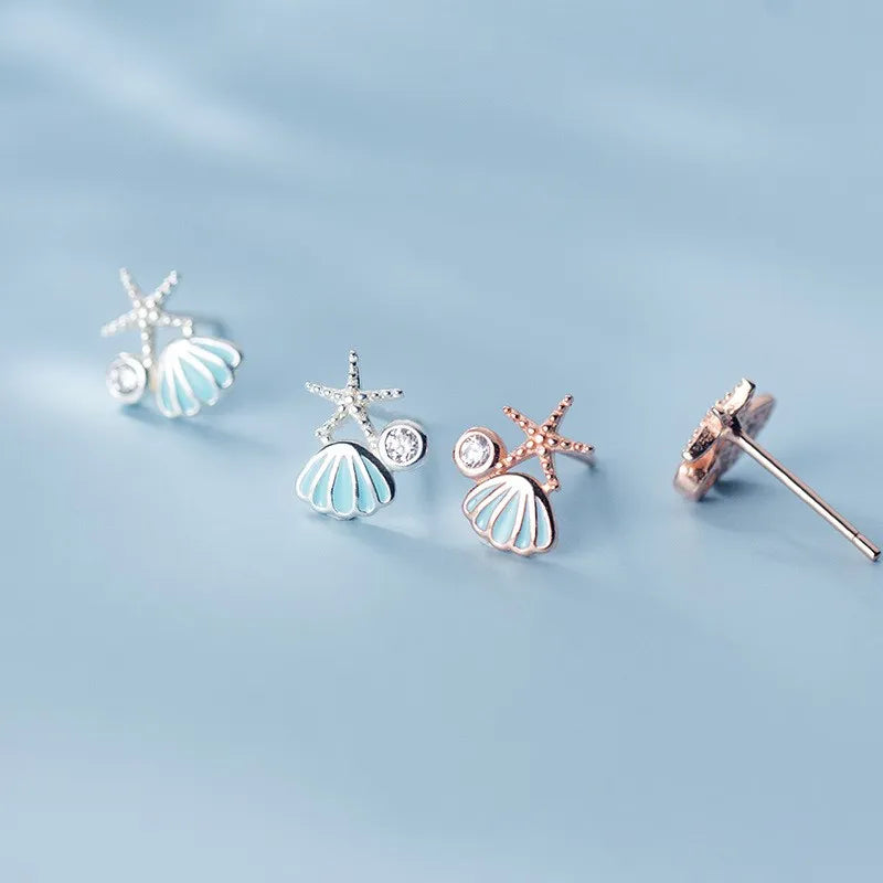 Fashion 925 Sterling Silver Seashell Starfish Shape Rose Gold Plated Ear Studs Earrings Cute Jewelry for Women