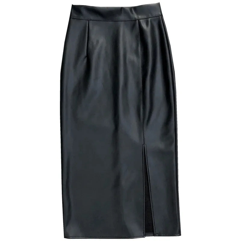 Autumn and Winter PU Leather Skirt and Velvet Front Slit Black Slim Pencil Skirt Solid Color Zipper Midi Skirt