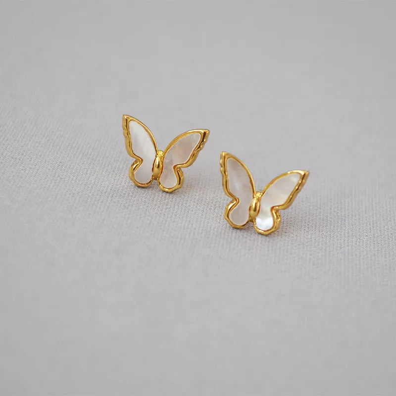 MPE032 Charming Women Gift Stud Earrings White Shell With Gold Electroplated MOP Earrings Push-Back Style butterfly Earrings