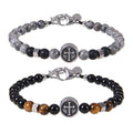 Tiger Eye Natural Stone Stainless Steel Beaded Cross Pendant Bracelet Gift STB077