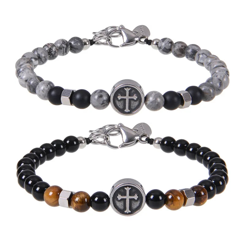 Tiger Eye Natural Stone Stainless Steel Beaded Cross Pendant Bracelet Gift STB077
