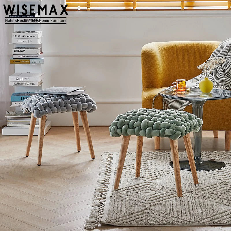 WISEMAX FURNITURE New Design Lovely Living Room Sofa Side Small Velvet Fabric Braided Rope Ottoman Stool for Home Villa