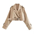 Spring Streetwear Female Long Sleeve With Belt Single Button Short Jacket Women's Cropped Trench Khaki Lapel Collar Jackets Coat