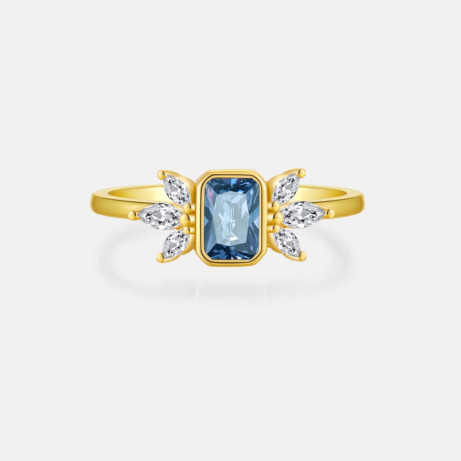 FUAMAY Girl Shiny CZ Sapphire Aquamarine Rings Silver 925 Angel Wings Aquamarine Square Stone Rings for Woman