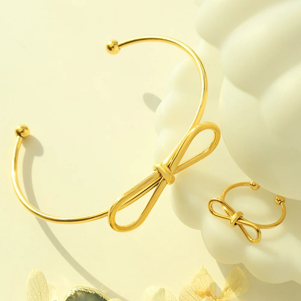 Waterproof 18k Gold Plated Open Bracelet Ring Jewelry Set Simple Open Adjustable Stainless Steel Cuff Bowknot Bangle for Women