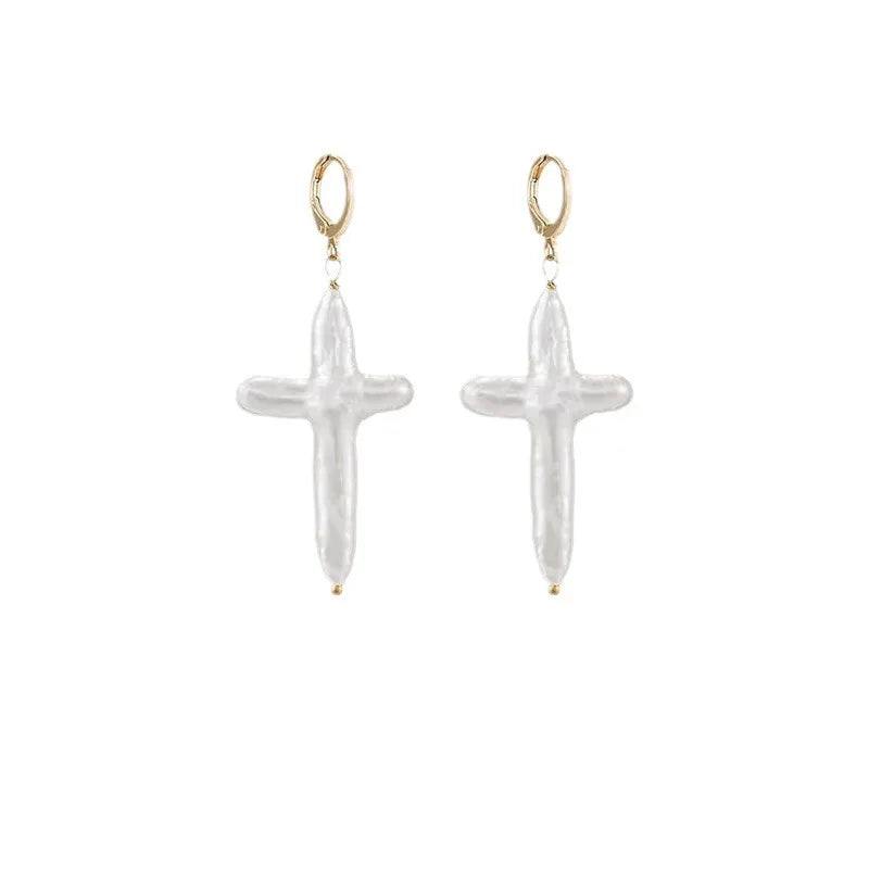 Instagram Blogger's Natural Cross Shape Freshwater Pearl Earrings with Copper Gold-plated Design Feel