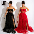 Liu Ming High-End Women's Floor-Length Maxi Dress Elegant Party Gown with Zipper Lace Decoration New Solid Pattern Prom Robe