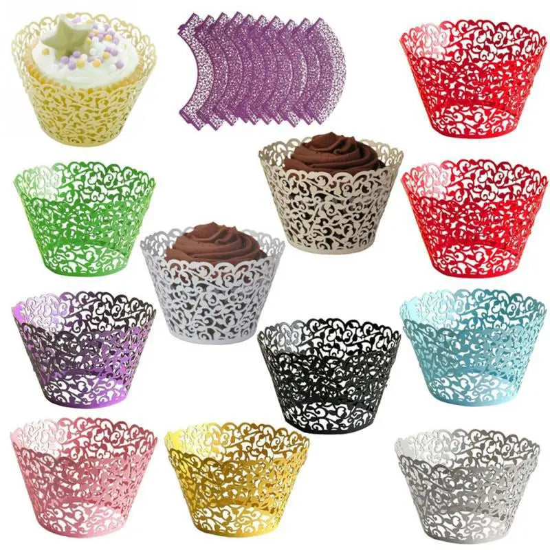 Birthday Cake Topper Supplies White Color Laser Cut Wedding Party Decorative Cupcake Wrappers Baking Cup Wraps for Wedding Party