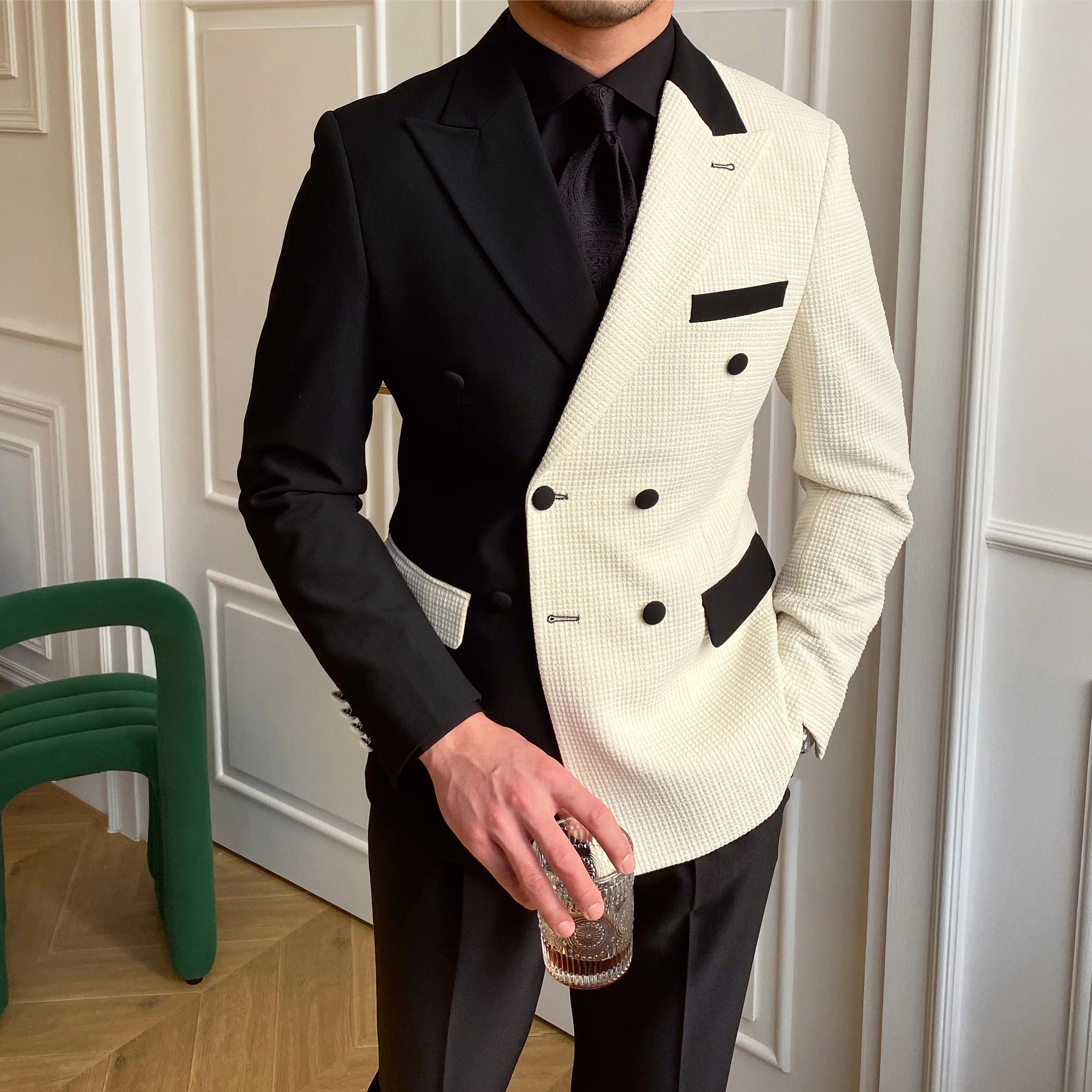 High Quality Retro Stitching Double-Breasted Business Blazer Luxury Men's Woolen Suit with Breathable Feature for Adults