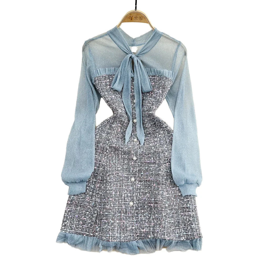 Professional Custom Factory Direct Autumn Tweed Tulle Long Sleeve Dress with Bow Tie Waist Cincher Formal Style Spaghetti