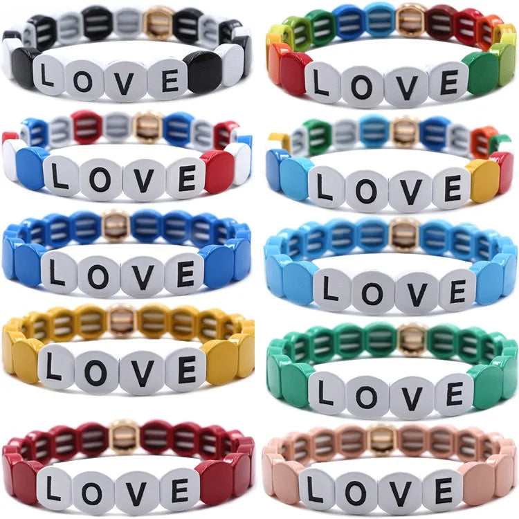 Bohemia Handmade Honeycomb Enamel Beads Bangles with Rainbow Gold Plating Trendy Letter Design Unisex Gift Stretch Bracelet