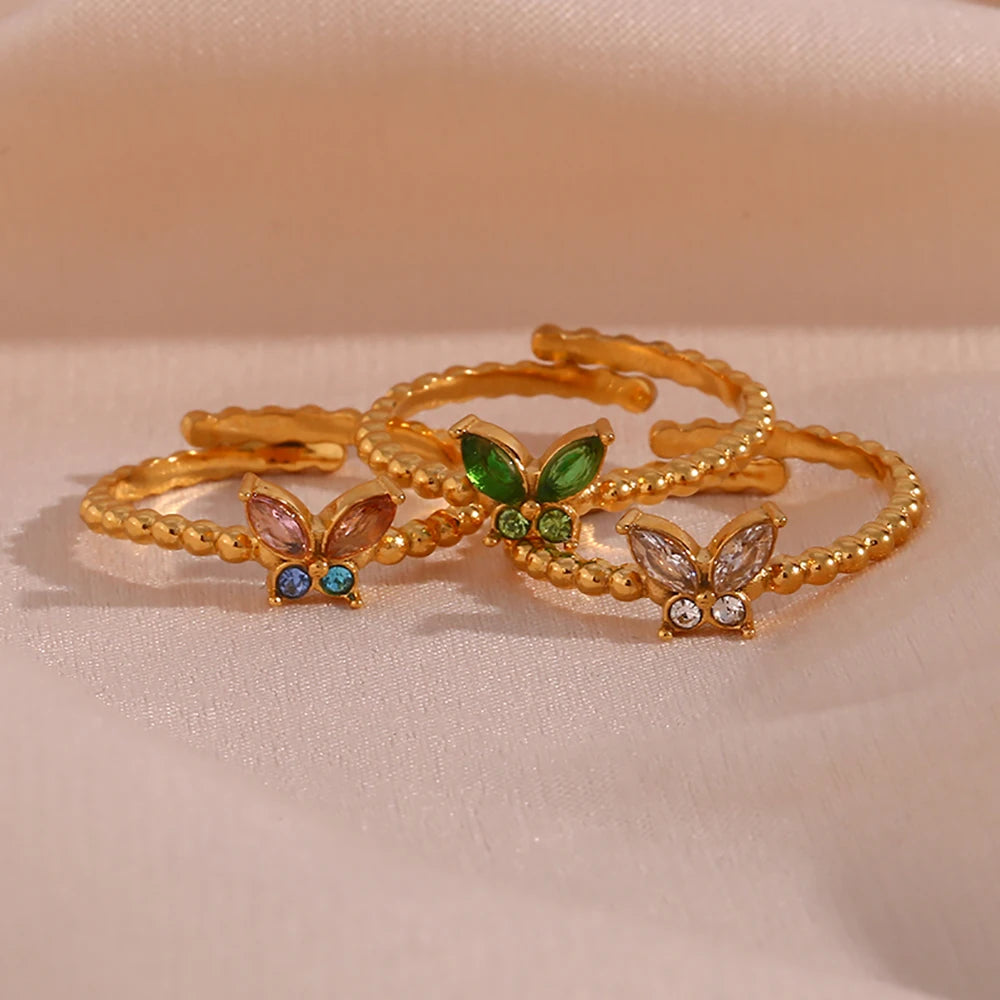 Fashion Jewelry Stainless Steel Gold Plated Colorful Zircon Butterfly Rings Adjustable Wholesale for Women Girls