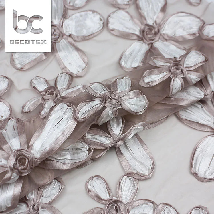 New Fashion High Quality Two Tone Satin Tape Embroidery Net Fabric 3d Flower Dubai