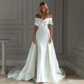 Off Shoulder Satin Detachable Sweep Zipper Back Train Simple Non-removable Mermaid Bridal Gowns Wedding Dresses