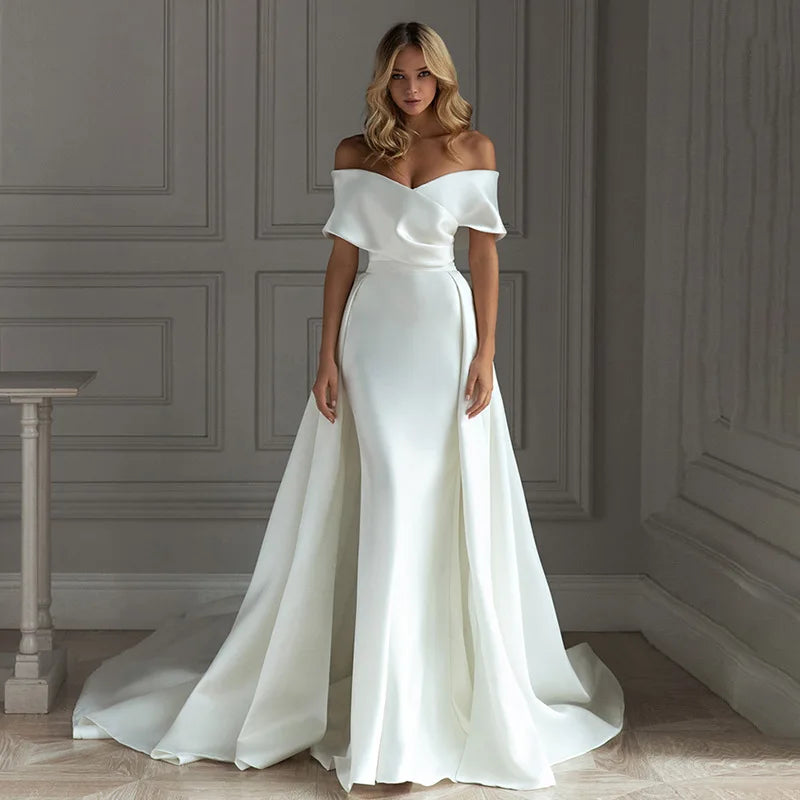 Off Shoulder Satin Detachable Sweep Zipper Back Train Simple Non-removable Mermaid Bridal Gowns Wedding Dresses