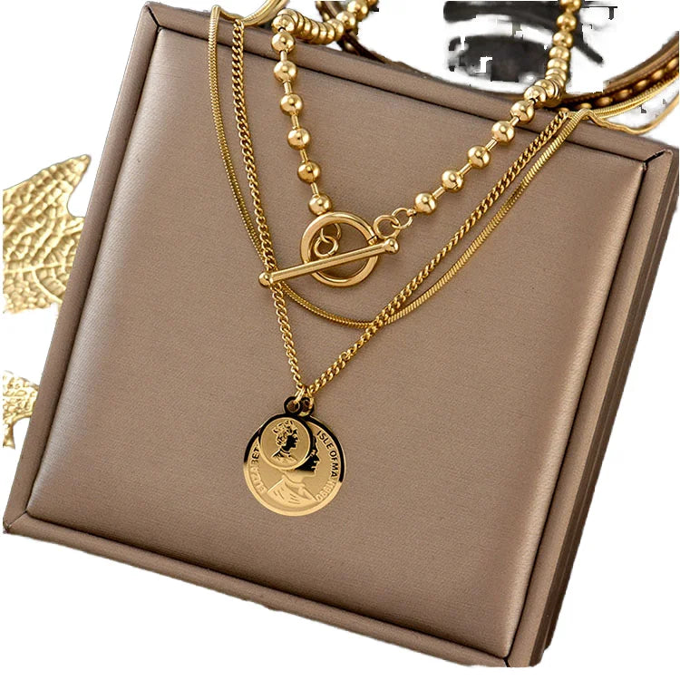 NS1247 3 Layer Women Necklace 3 Triple 18k Gold Plated Stainless Steel Chain Necklace Sets
