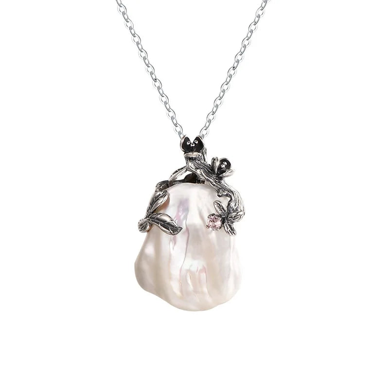 Charm Fashion Big Nature Freshwater Baroque Pearl Pendant Antique Silver Plated 925 Silver Jewelry Women
