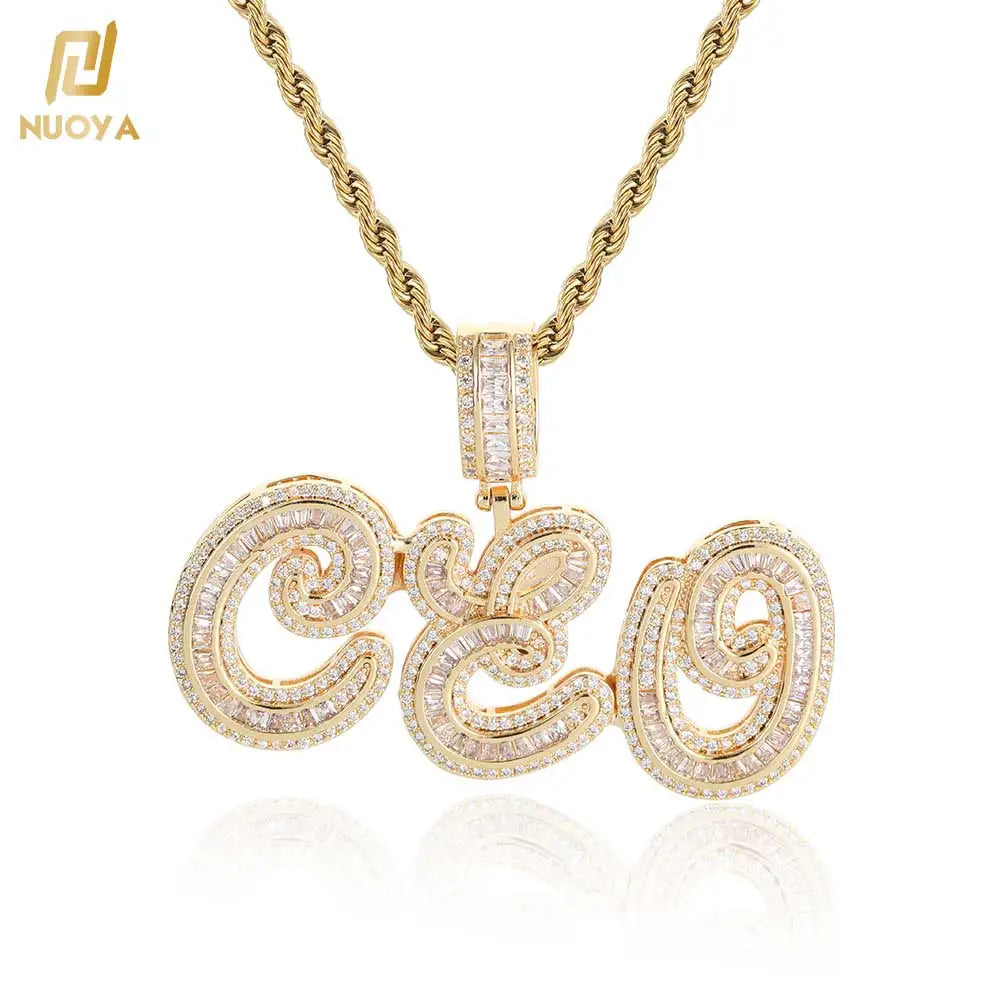 Hip Hop Diamond Name Custom Pendant New Style Bling Baguette CZ Stone Personalized Cursive Letter Pendant