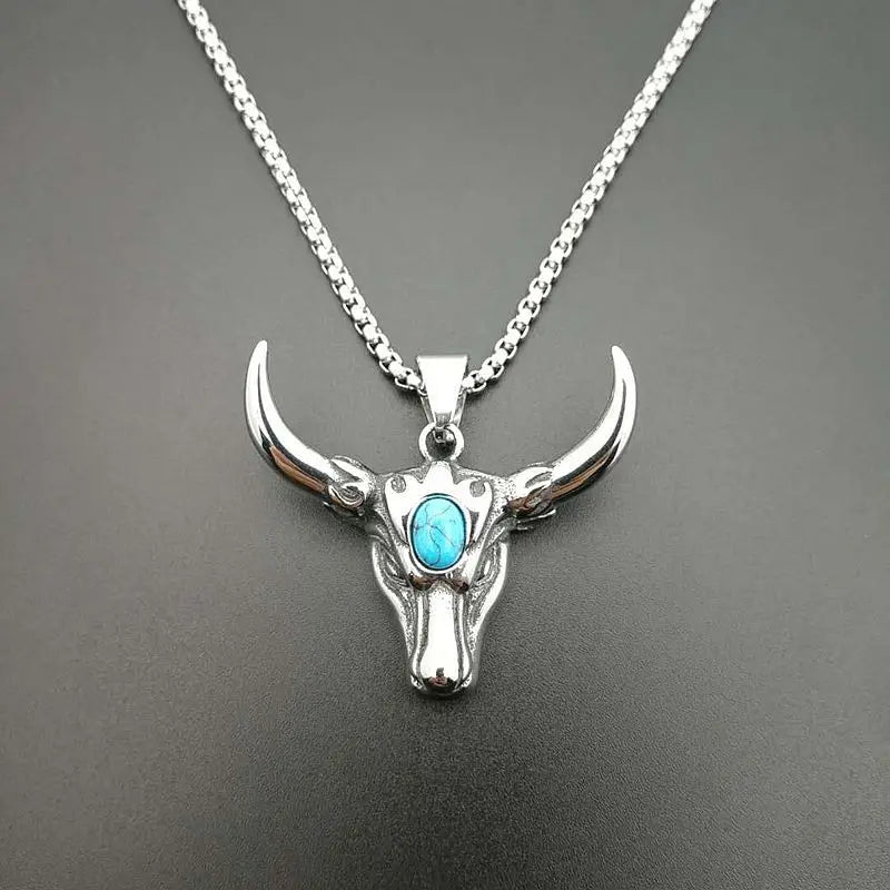 Vintage Punk Jewelry Stainless Steel Turquoise Bull Head Necklace