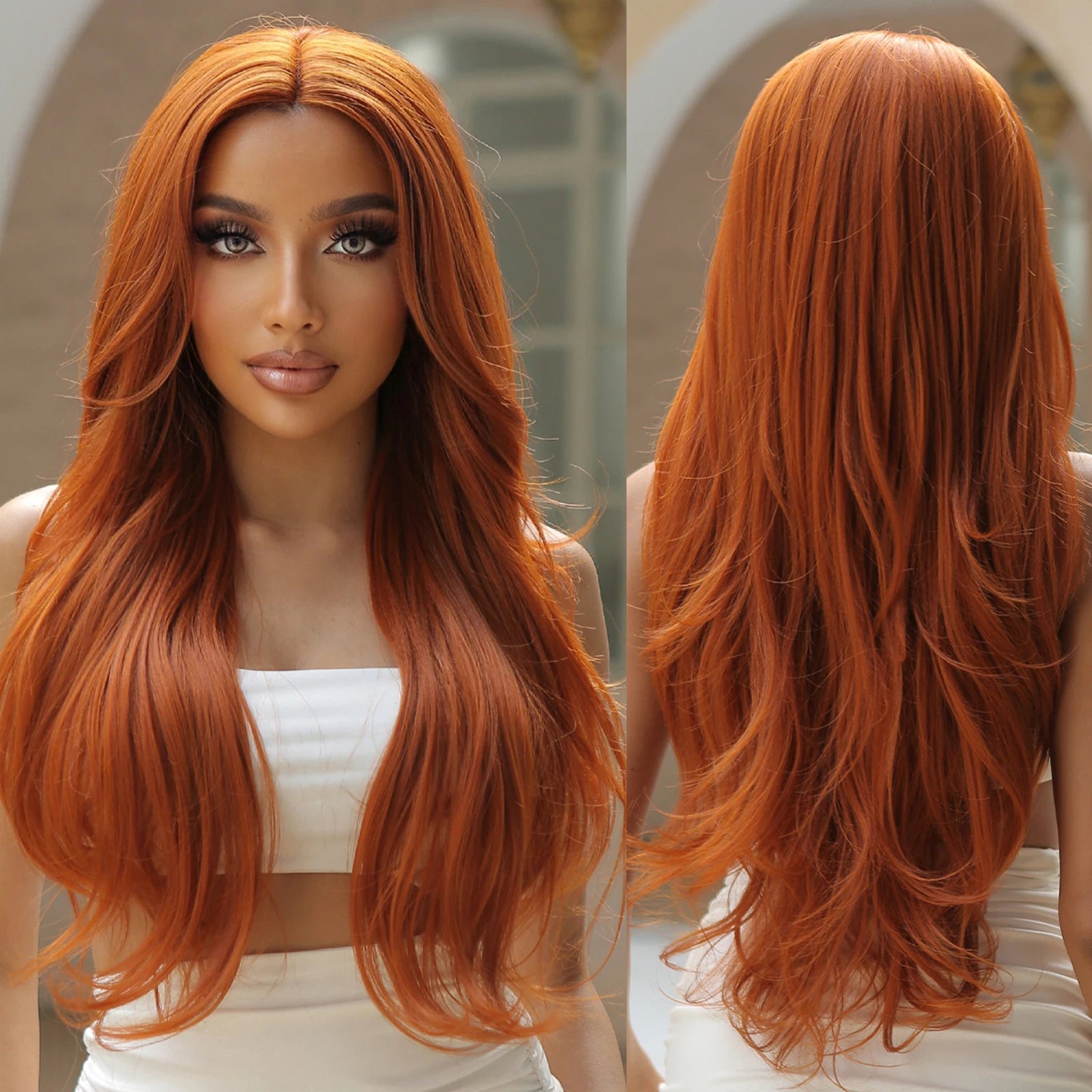 Japan Silk Orange Copper Brown Lace Front Synthetic Wig Long Loose Wave Lace Frontal Hair for Women Afro Natural Transparent Wig