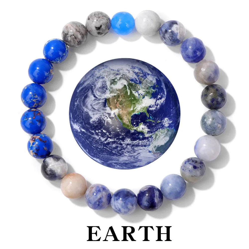 Custom Planet Beaded Bracelet for Men 8mm Natural Stone Guardians Solar System Earth Sun Healing Bracelet Moon Wood Anniversary