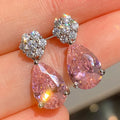 CAOSHI New Dainty Pink Water Drop Design Crystal Cubic Zirconia Dangle Earrings for Women Wedding Silver Plated Pendant Earrings