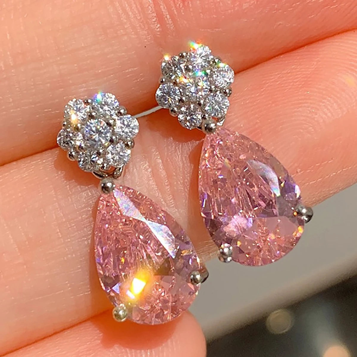 CAOSHI New Dainty Pink Water Drop Design Crystal Cubic Zirconia Dangle Earrings for Women Wedding Silver Plated Pendant Earrings