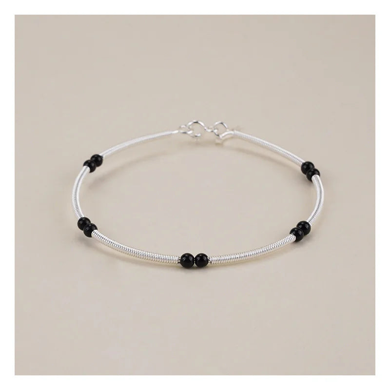 Unisex Statement 925 Sterling Silver Original Bracelet Jewelry Agate Gemstone Black Beaded Onyx Chunky Bangle