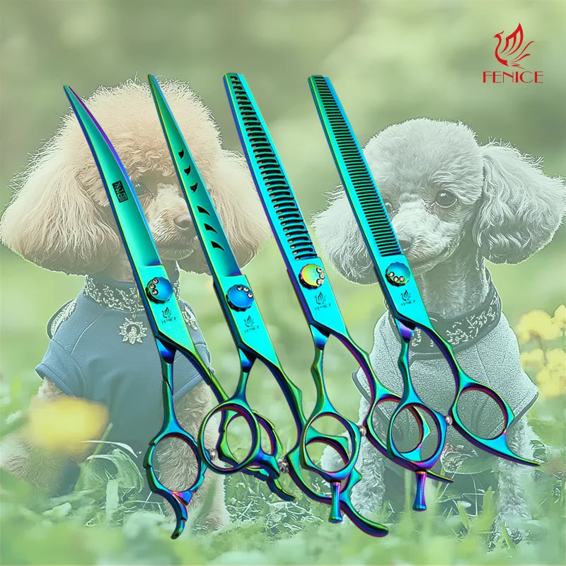 Fenice Professional Pet Grooming Scissors  Green Dog Hair Trimming Shears Straight&Curved&Thinning&Chunker Scissors Set