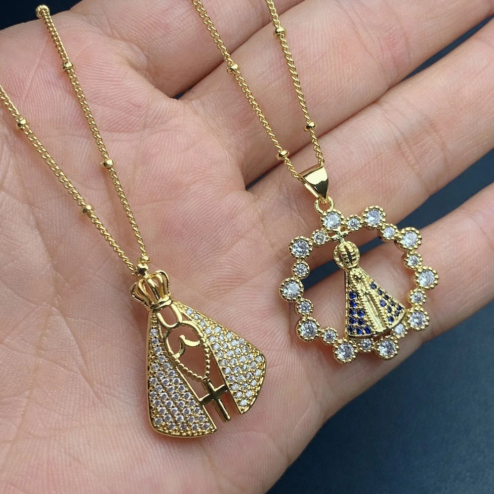 Medal Holy Virgin Mary Necklace Choker Crystal Rhinestones Pendant for Women Religious Jewelry
