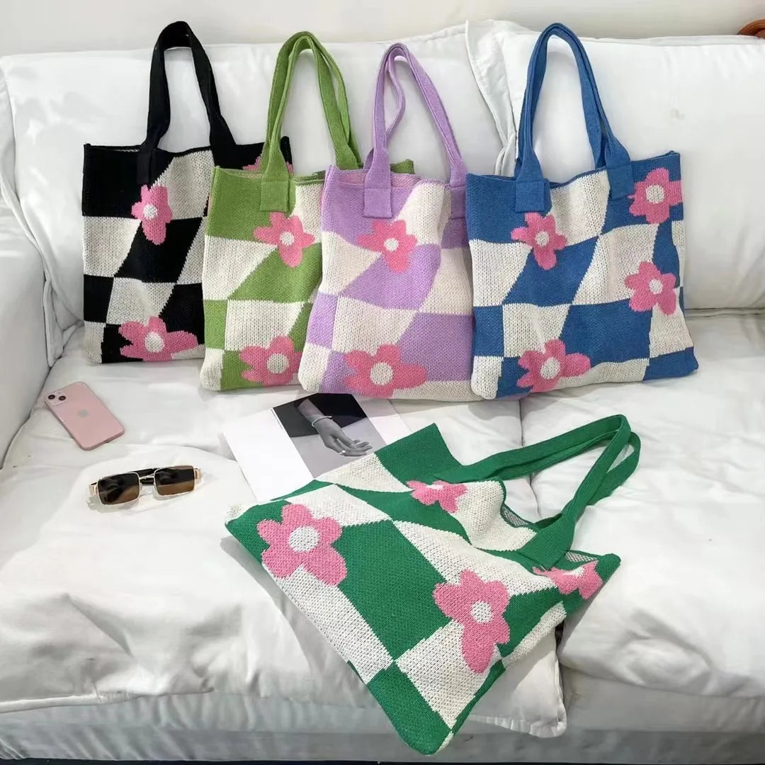 Designer Women's Soft Woolen Crochet Knitting Tote Handbags New Trendy Large Capacity Floral Casual for Ladies Girls Two Handles