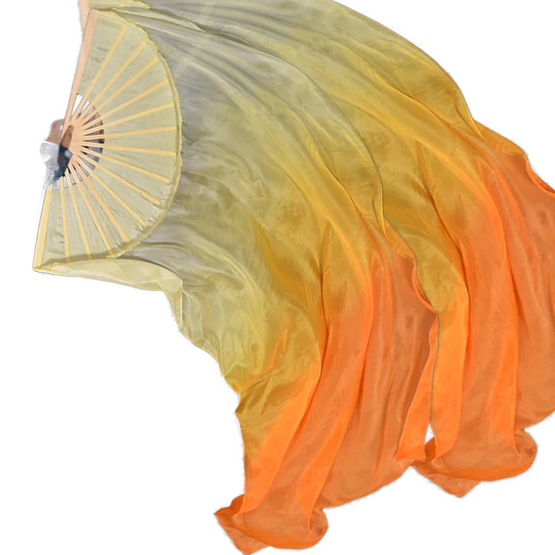 Women's Oriental Belly Dance Performance Wear Bright Yellow and Orange Gradient Bamboo Fans with Veil Long and Stylish