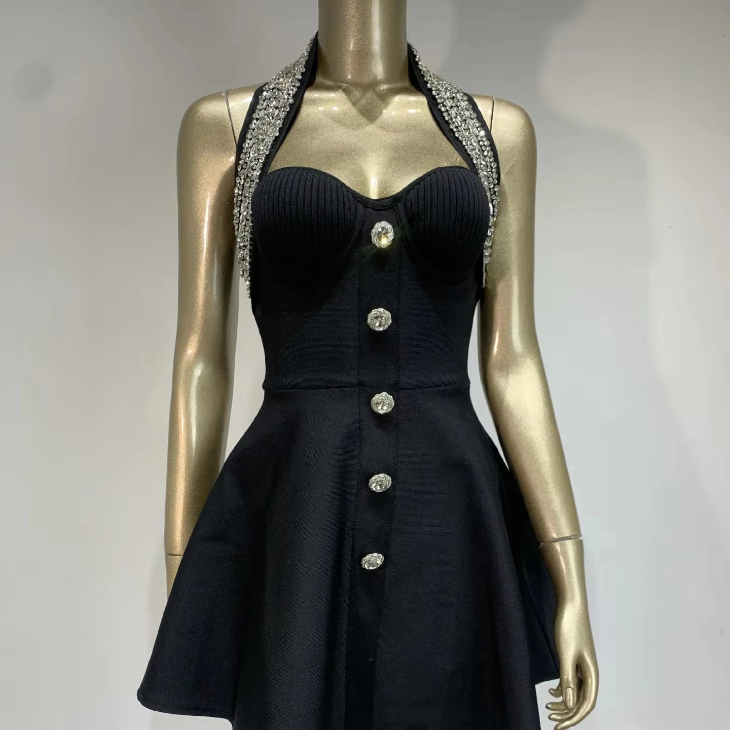 SB3009 New Style Beautiful Fashion Ladies Black Short Sleeveless Halter Dress Elegant Mini Party Dresses