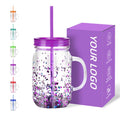 Customize Logo 20oz Snow Globe Acrylic Mason Jar with Handle Predilled with Hole and Plug Double Wall Mason Can Tumbler