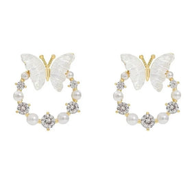 AA01483 Korean Dainty Delicate Fashion Zircon Butterfly Pearl Earrings Women Girl Bow Exquisite Crystal Flower Wreath Stud Earri