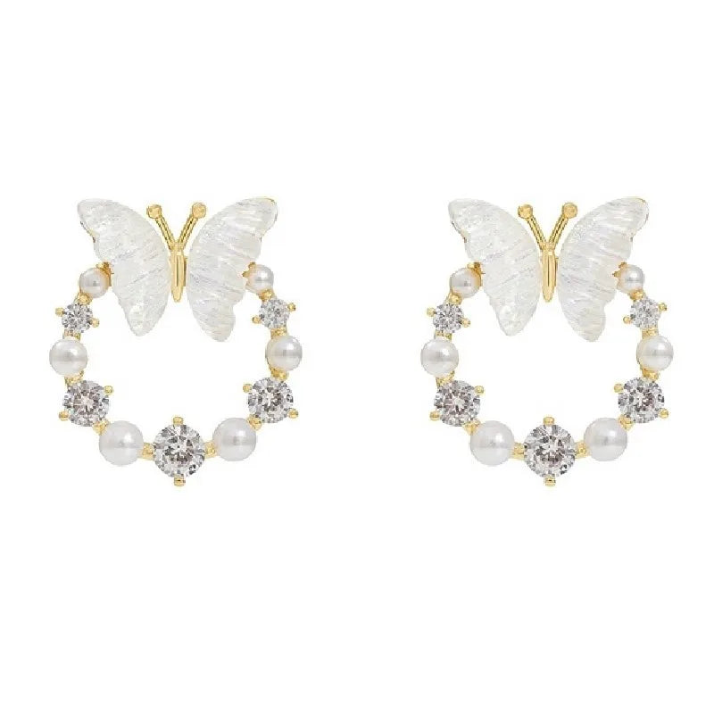 AA01483 Korean Dainty Delicate Fashion Zircon Butterfly Pearl Earrings Women Girl Bow Exquisite Crystal Flower Wreath Stud Earri
