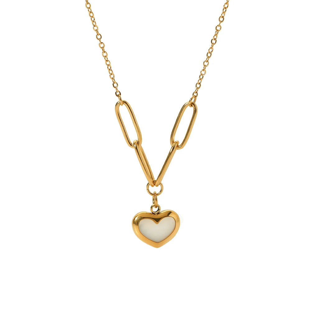 Anti Tarnish Jewelry Stainless Steel 18K Gold Plated Paper Clip Chain White Shell Heart Pendant Choker Necklace